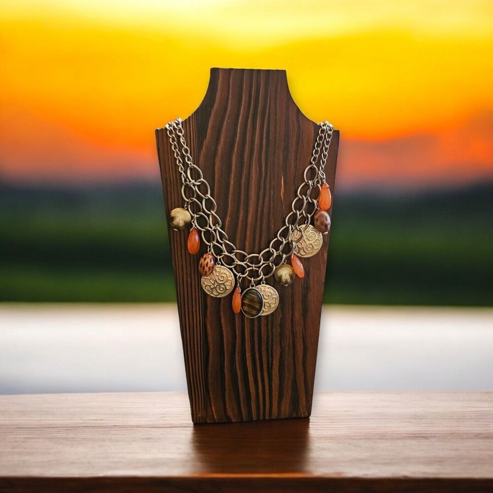 Vintage Multicolor Charm Necklace With Chunky Chain & Beads - Statement Jewelry